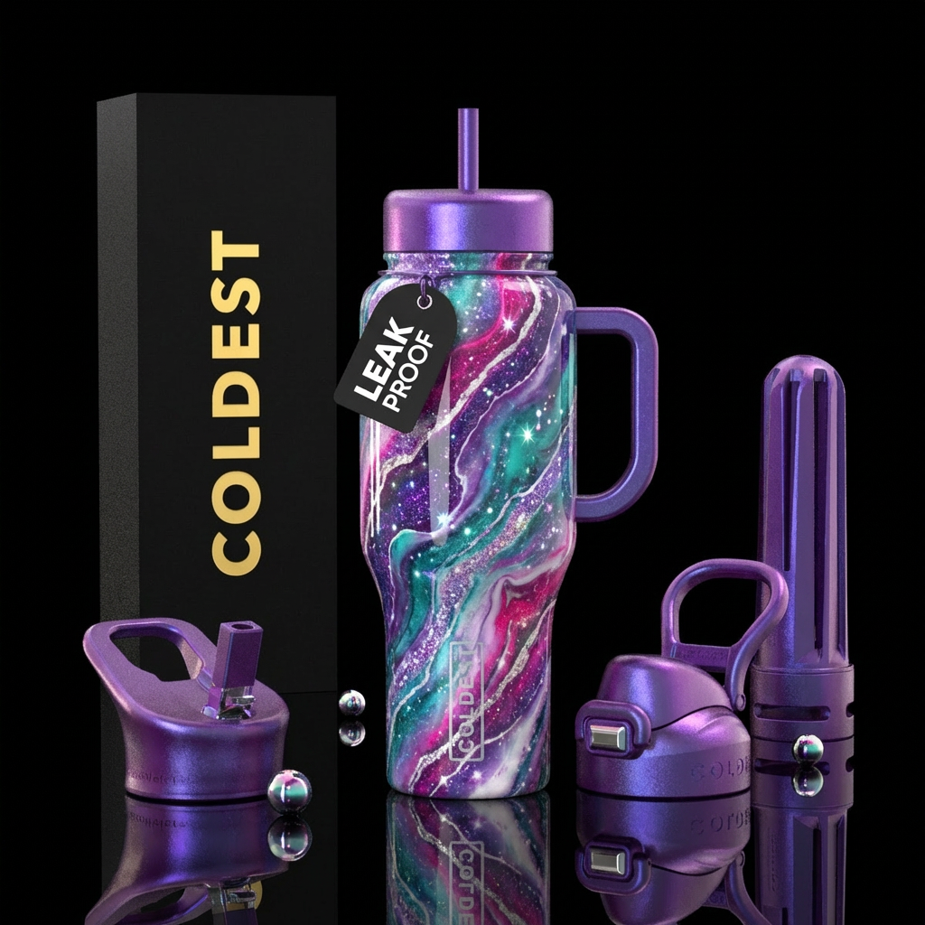 shiny, swirls, magic, marble, purple, teal, pink, ... water bottle design