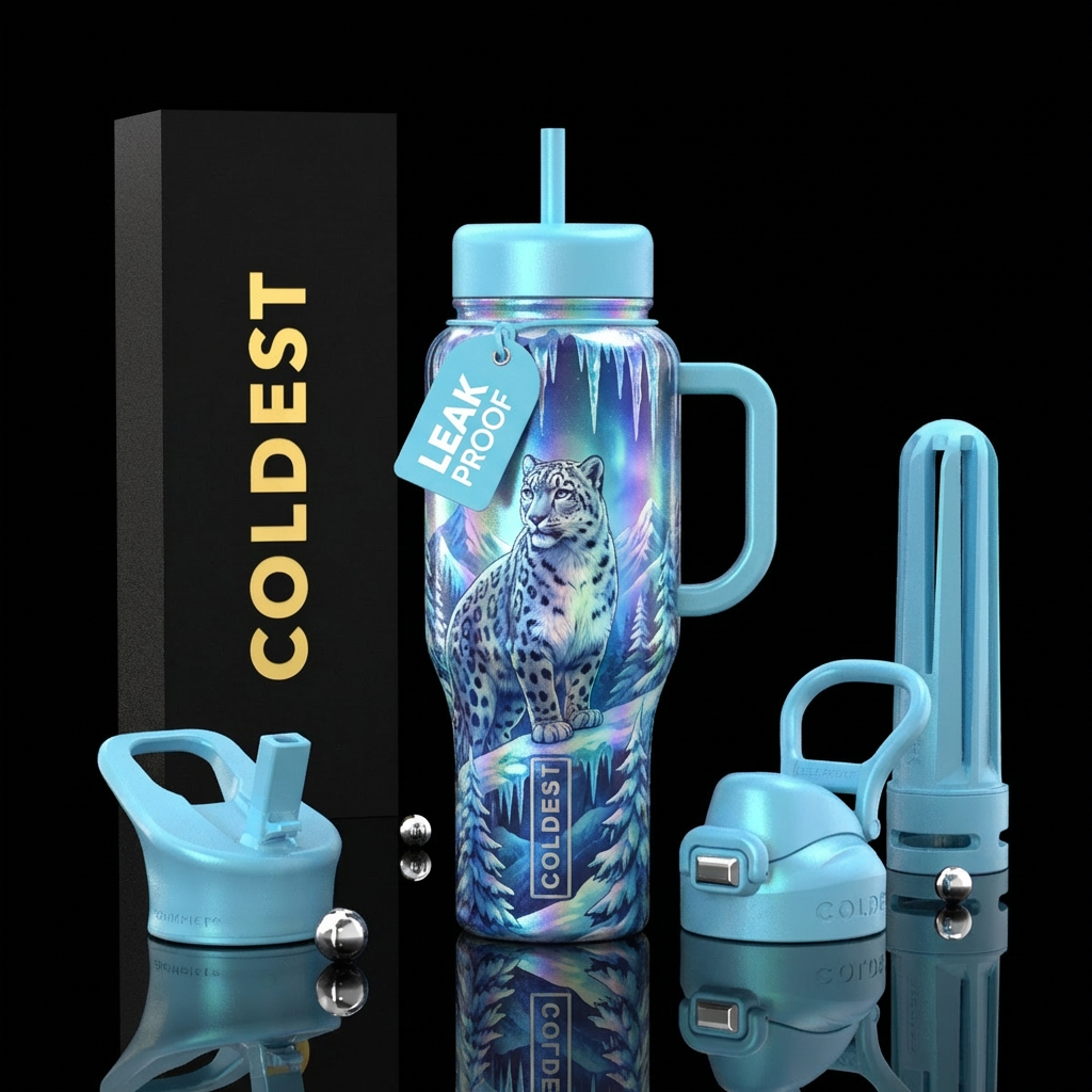 Snow leopard, snow, icecicles, blue, ice blue, whi... water bottle design