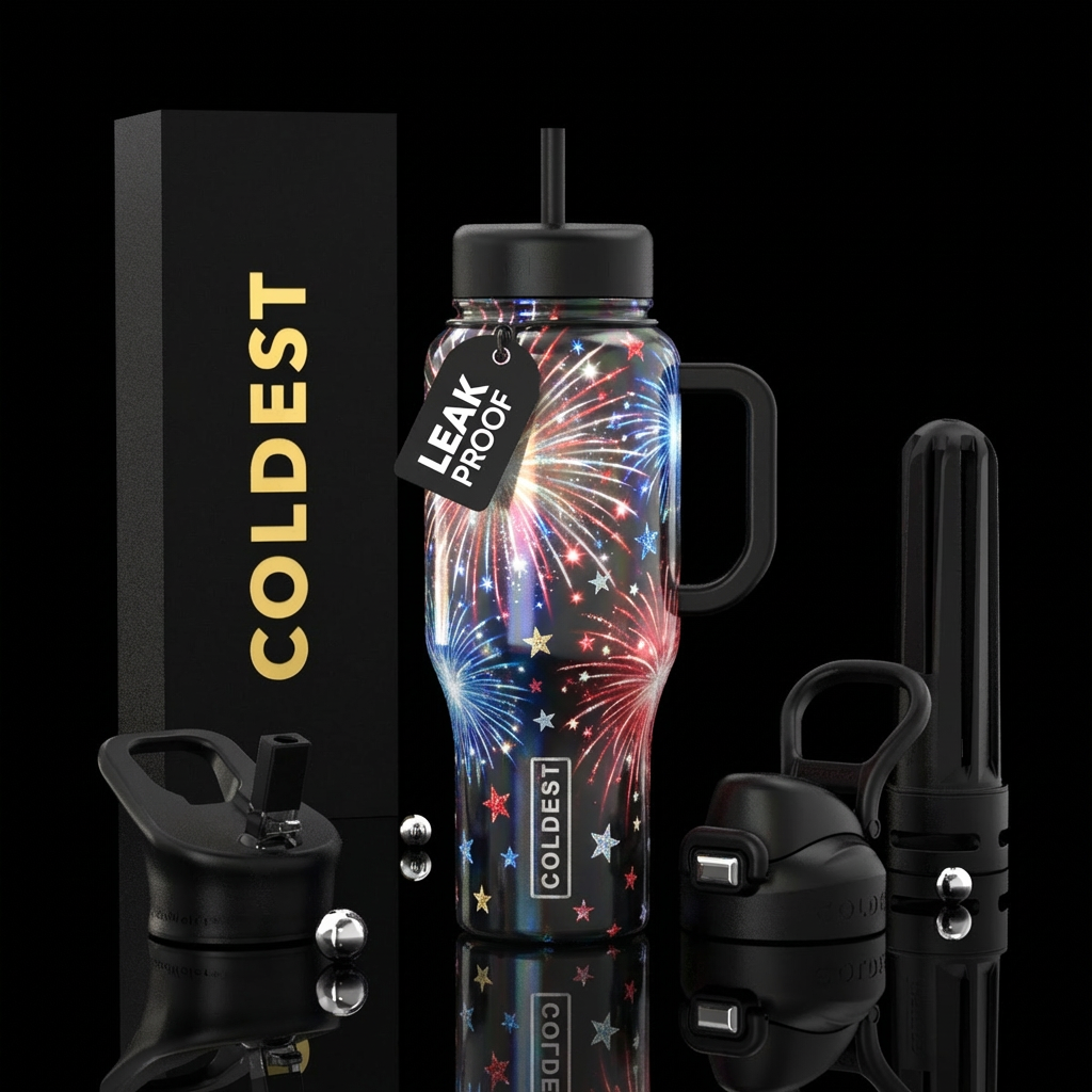 vibrant, irradescent, red, white, blue, fireworks,... water bottle design