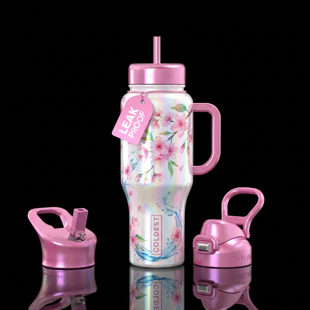 cherry blossom season, irridescent, watercolor, ma... water bottle design