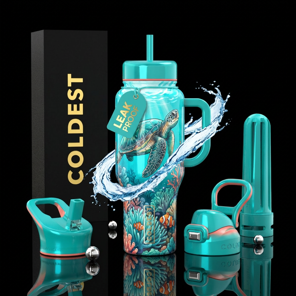 Beach, Ocean, sea turtle swimming, aqua blue, teal... water bottle design