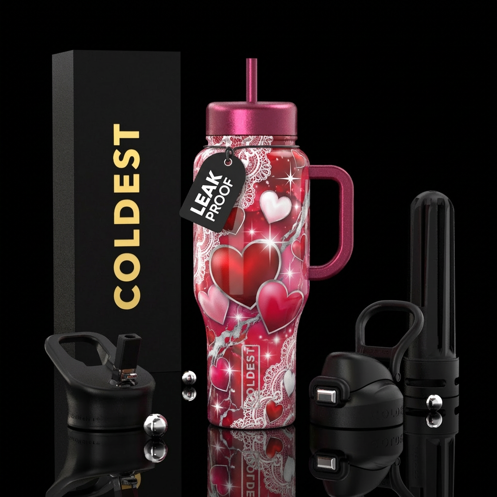 Decorative valentine hearts, lace, red, pink, whit... water bottle design
