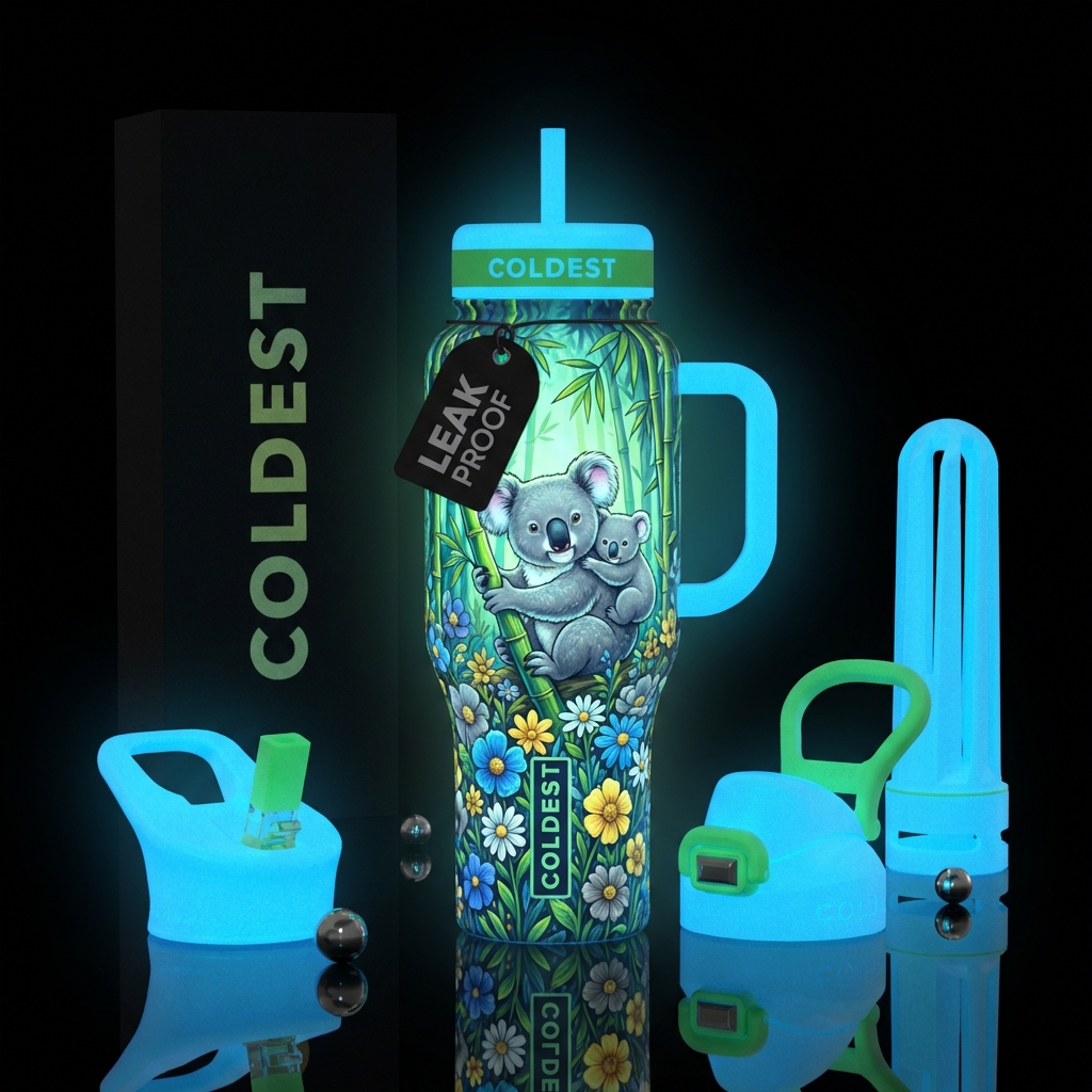 Mama Koala and baby, bamboo, white, gray,green, bl... water bottle design