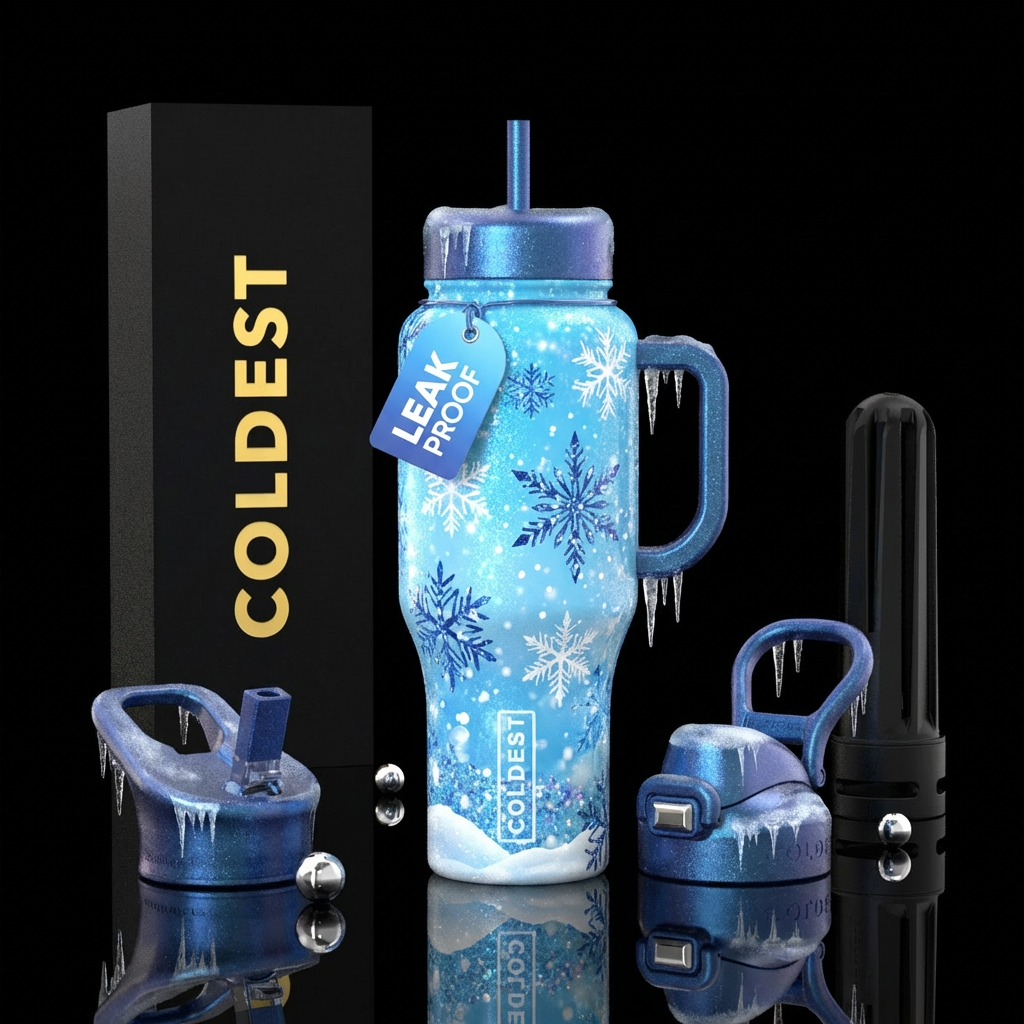 White Snowflakes, dark blue snowflakes, light blue... water bottle design