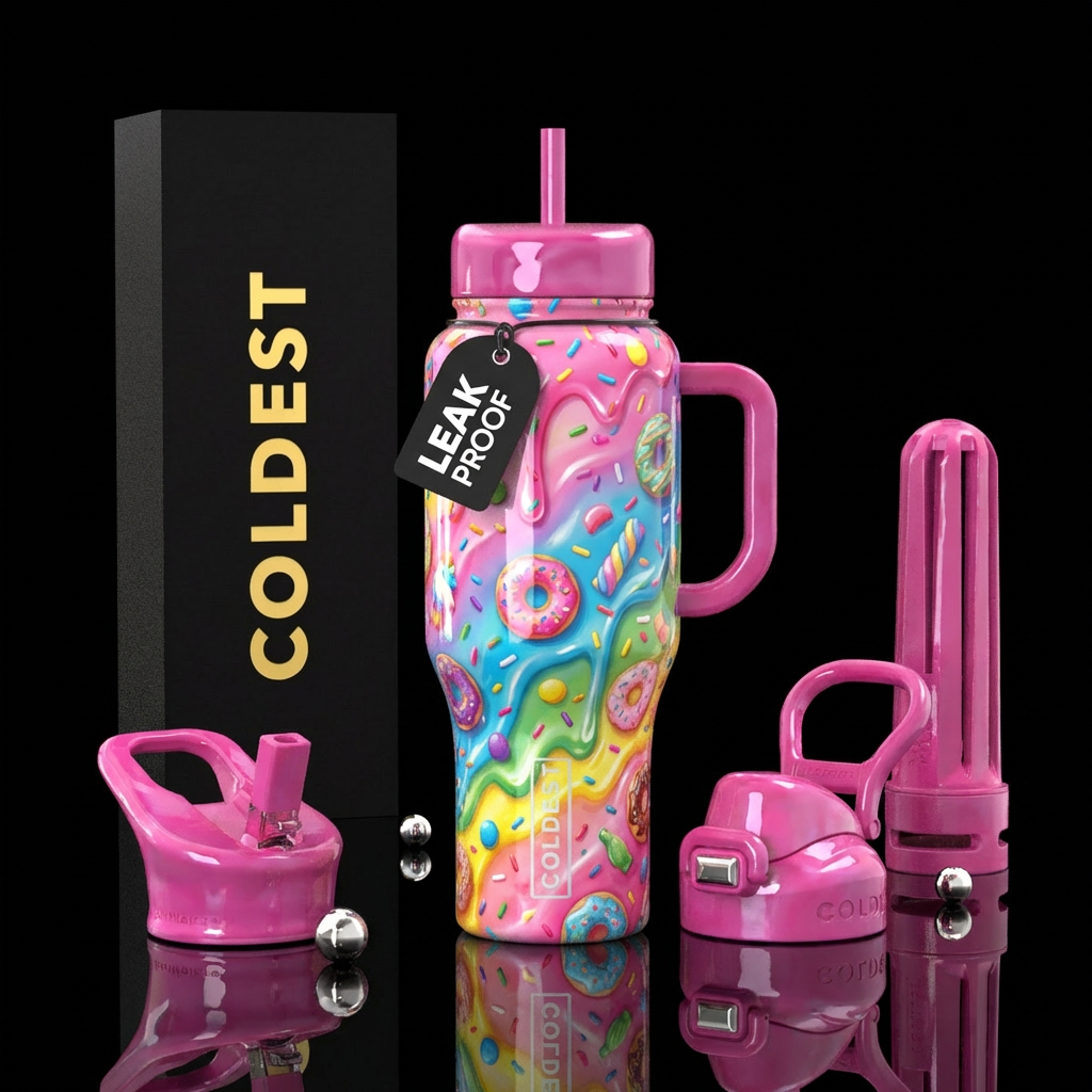 wonderland, donut, matching lids and handle, shiny... water bottle design