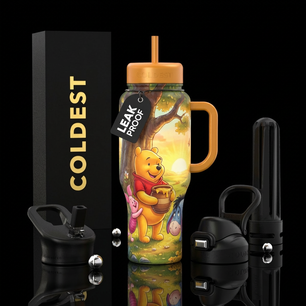 Winnie the pooh, honey pot, piglet, eeyore, tree, ... water bottle design