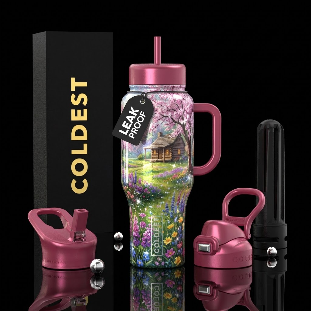 shiny, sparkly, spring bloom, meadow, log cabin water bottle design