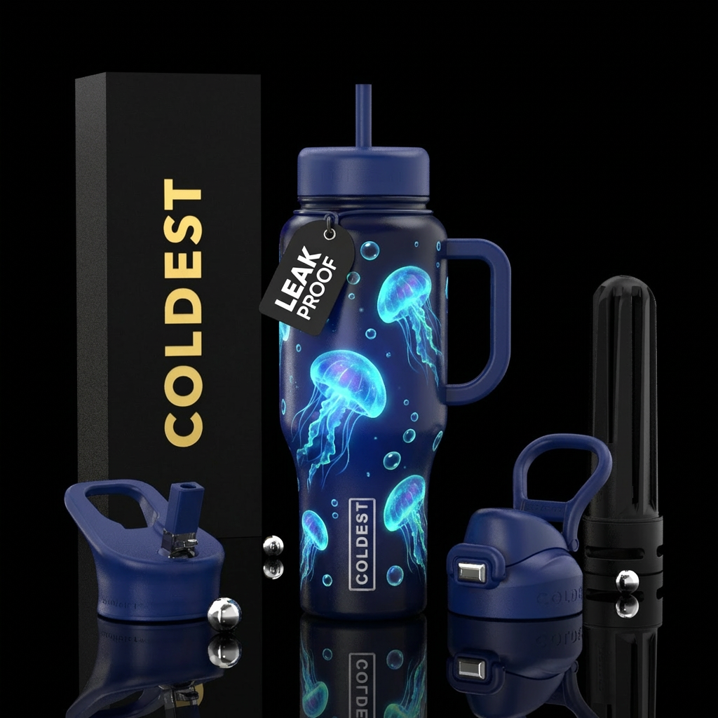Dark blue background, multiple sizes of jellyfish,... water bottle design