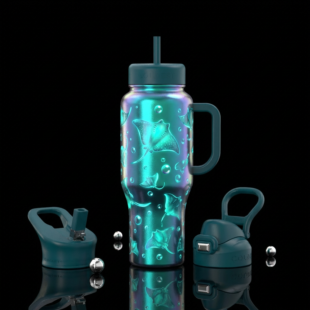 Teal background, multiple size stingrays, glow in ... water bottle design