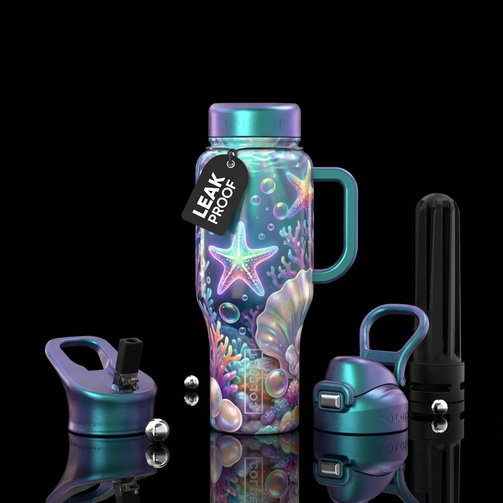 Starfish, coral, bubbles, irridescent, water bottle design
