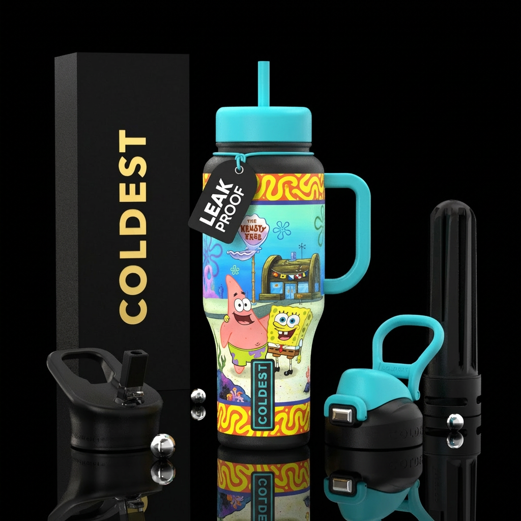 spongebob and patrick in bikini bottom, with the K... water bottle design