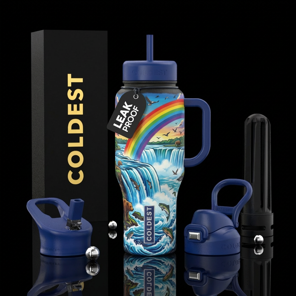 Create a bottle that has niagara falls on it, with... water bottle design