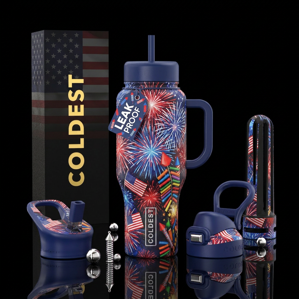 Create a bottle that is 4th of July themed. Firewo... water bottle design