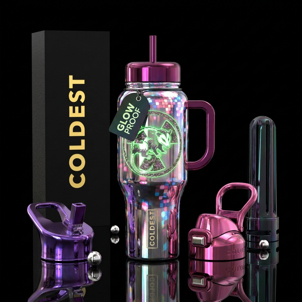 "glowing chrome nuclear possum with radioactive gl... water bottle design