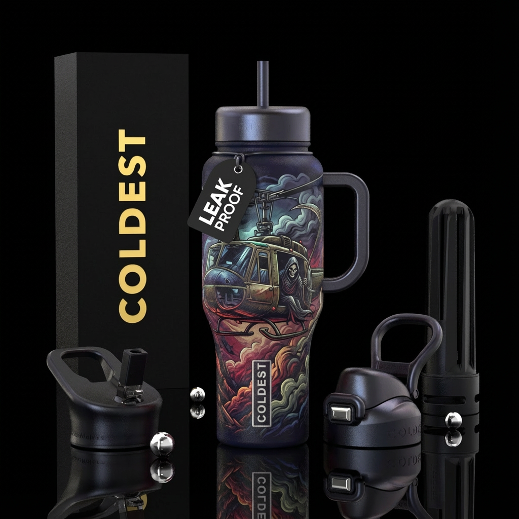 huey helicopter smoke reaper, rugged, darkness water bottle design