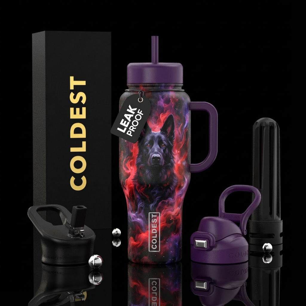 black german shepherd, reds blacks purple smoke water bottle design