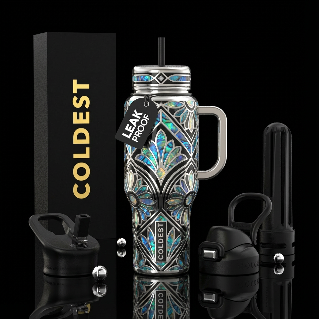 Art Deco, silver black, shiny, stylistic, luxuriou... water bottle design