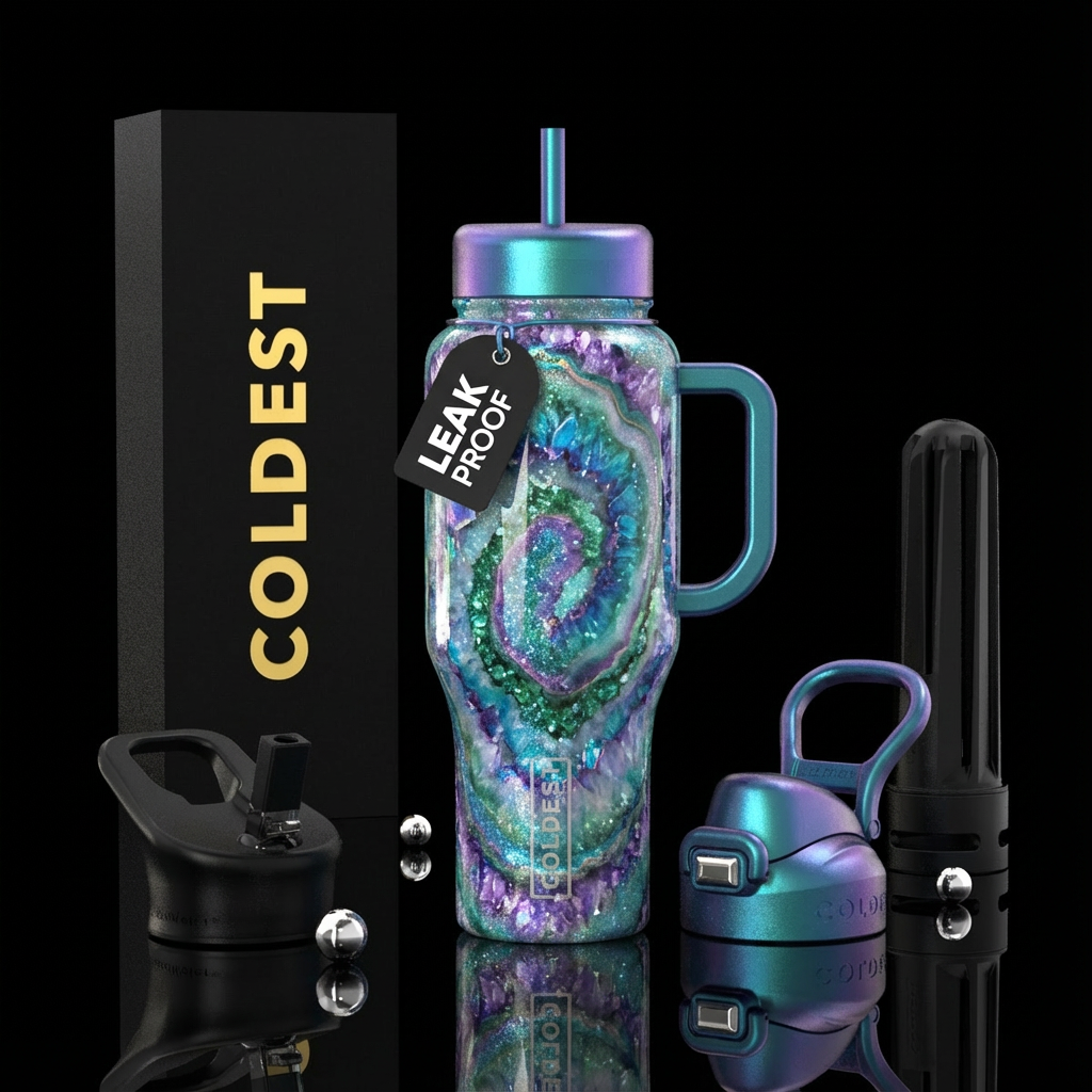 geode blue green purple, shiny, sparkly, artistic,... water bottle design