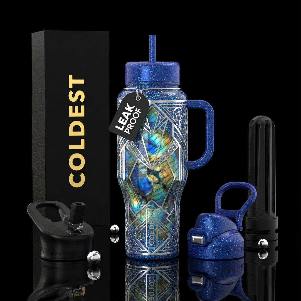 art deco labradorite silver, royal blue,, sparkly,... water bottle design