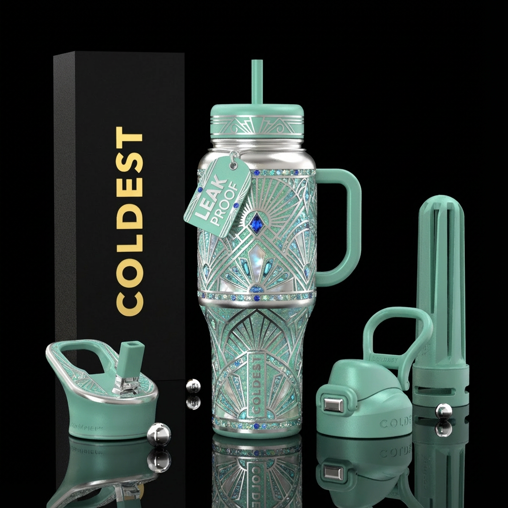 Art deco overall; seafoam green, silver,, sparkly,... water bottle design
