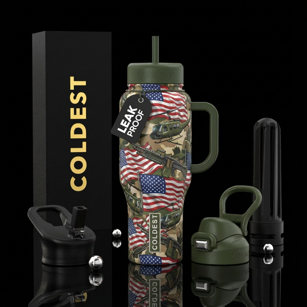 allover waving flag, m60 guns, huey helicopter water bottle design