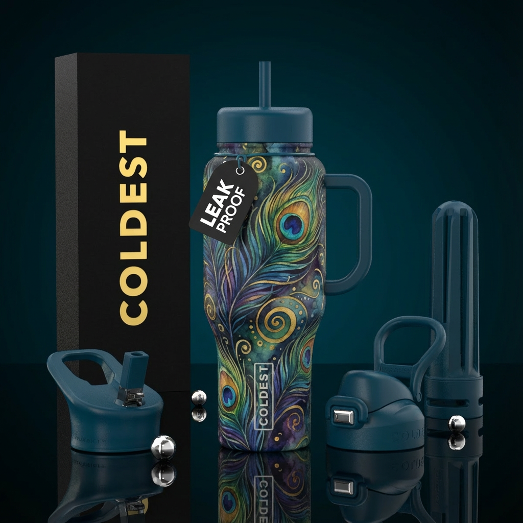 peacock feathers, deep teal blue handle and lid, s... water bottle design