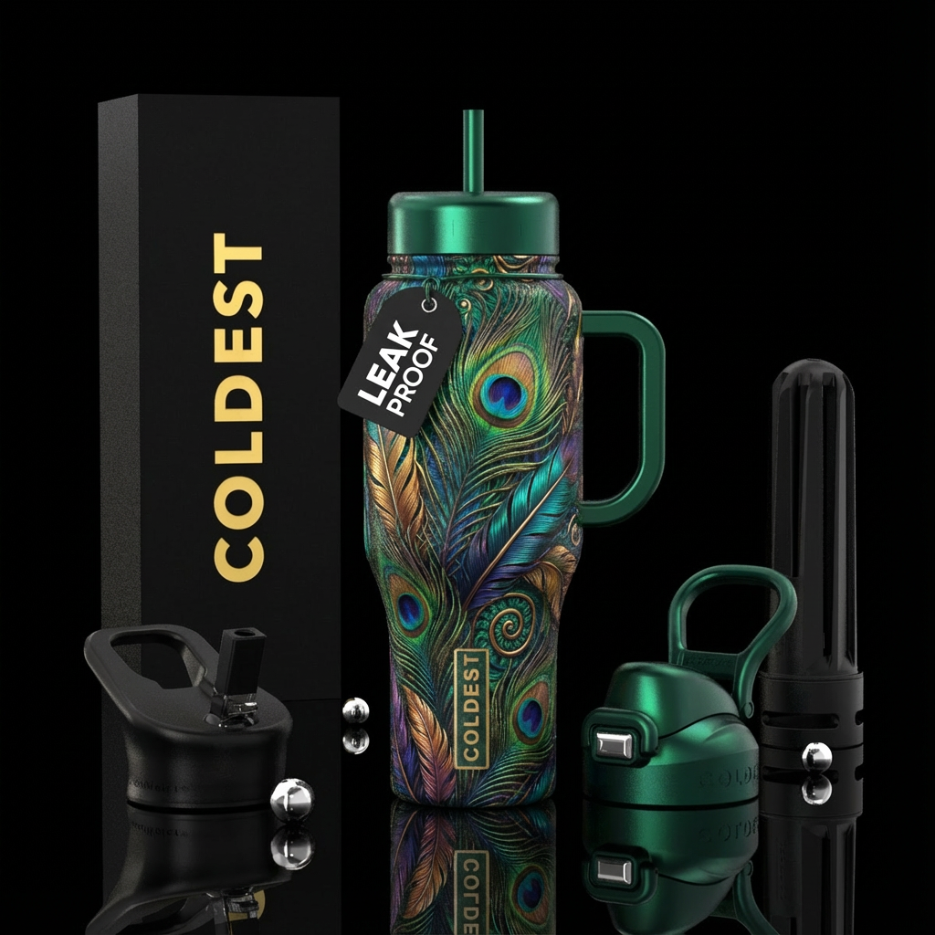deep rich colors very 3-dimensional, many peacock ... water bottle design