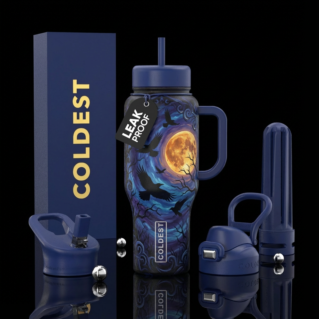 birds, dark mood, crows all over, deep blue backgr... water bottle design