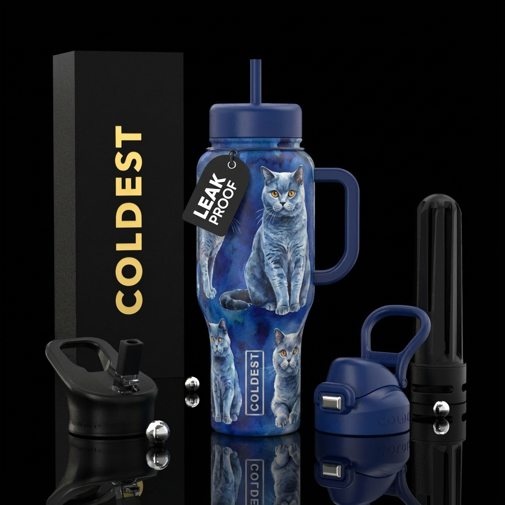 british blue shorthair cats on a deep blue backgro... water bottle design