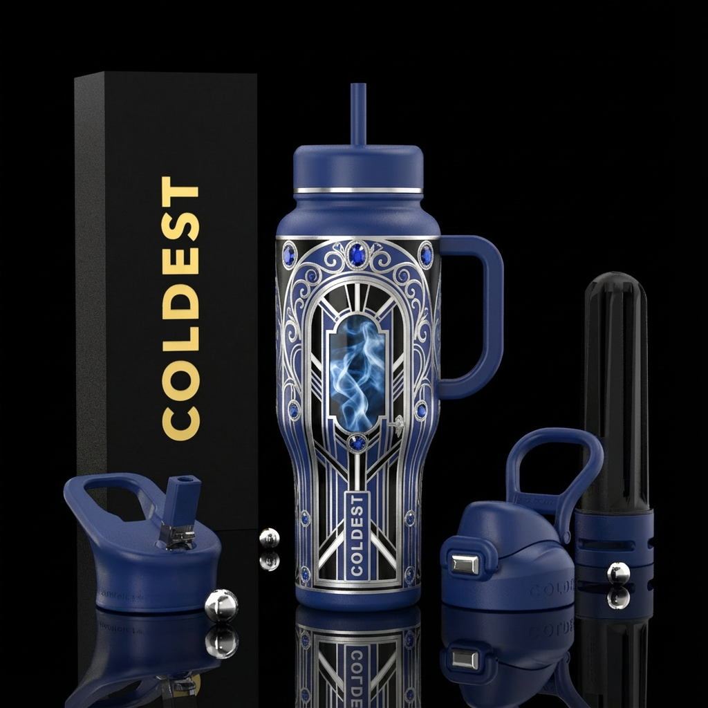 art deco, deep blue, silver, black, white, large o... water bottle design
