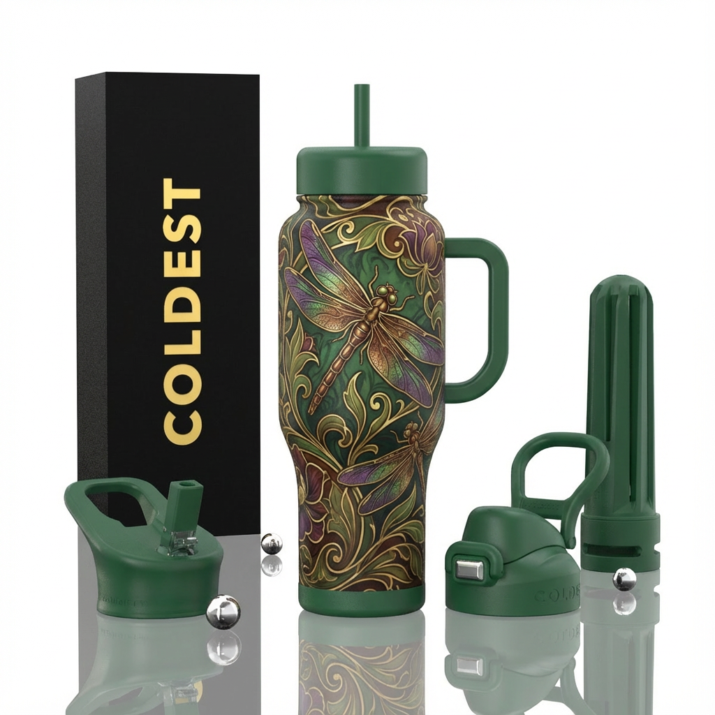 art nouveau, dragonflies, rich browns, greens, hin... water bottle design