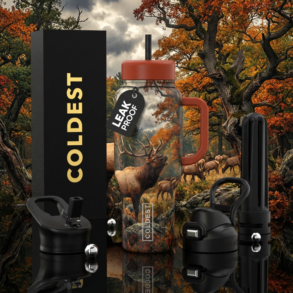 forest deep vibrant fall colors, large bull elk bu... water bottle design
