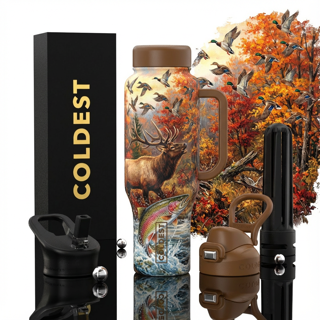 fall colors, elk bugling in forest middle of cup, ... water bottle design