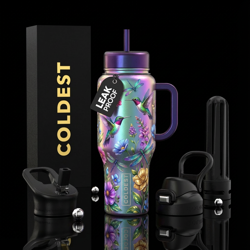 hummingbirds 4 varieties, dragonflies different co... water bottle design