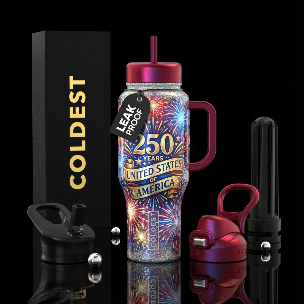 red white blue, sparklers, fancy celebration banne... water bottle design