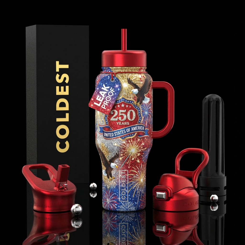 elegant red white blue embellished banner 250 year... water bottle design