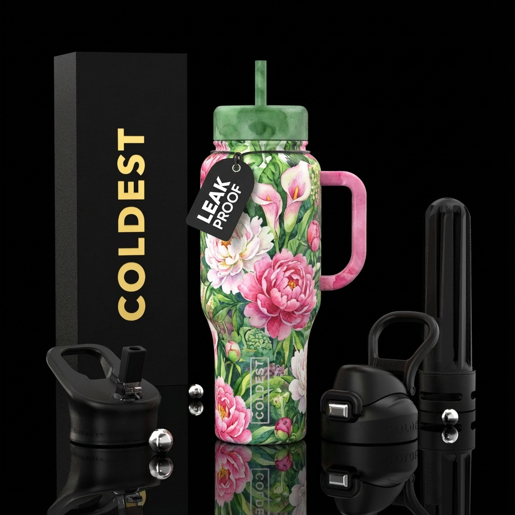peonies, white and pink calla lillies, in a lush g... water bottle design