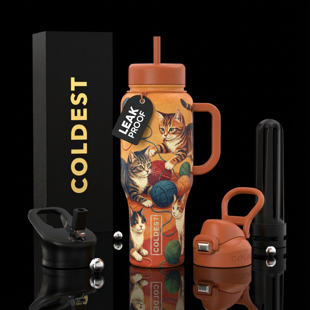Cats, playful, string, textured, warm, friendly, n... water bottle design