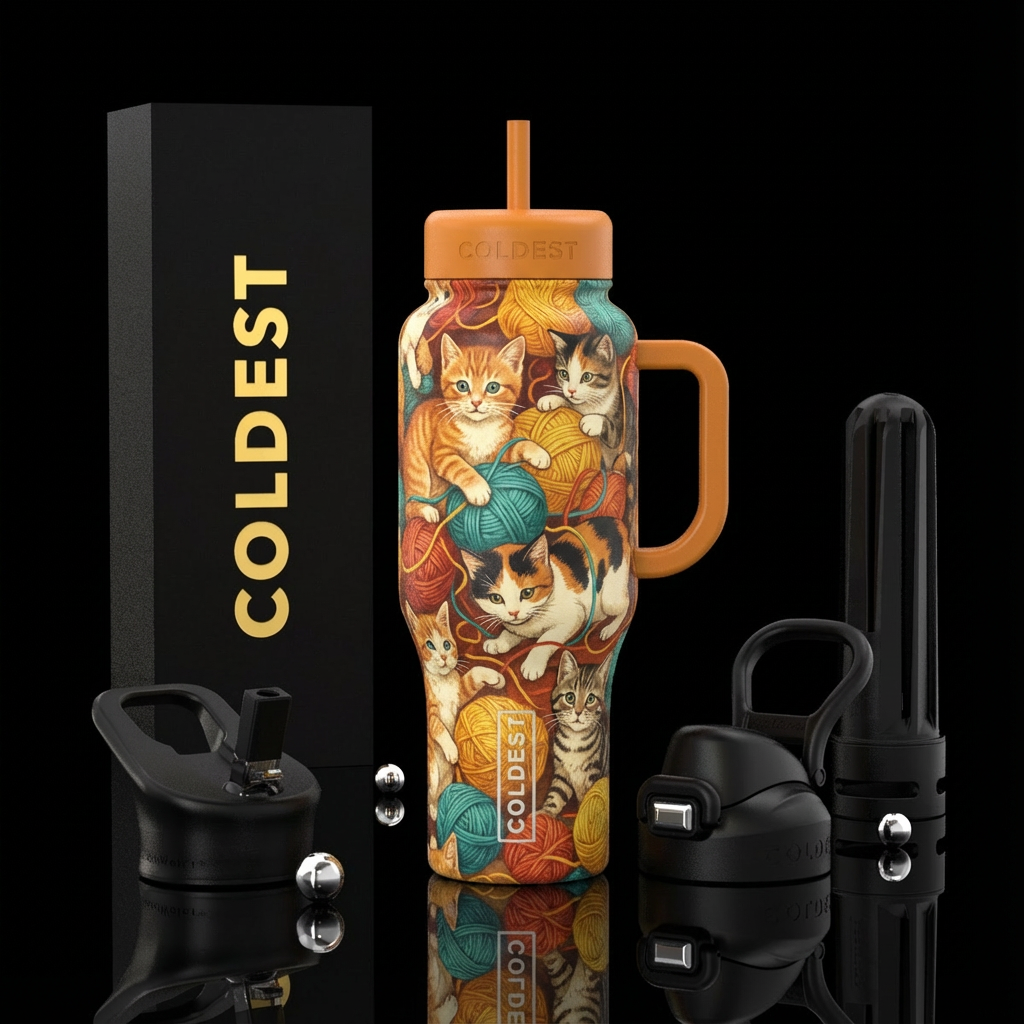 Cats, playful, string, textured, warm, friendly, n... water bottle design