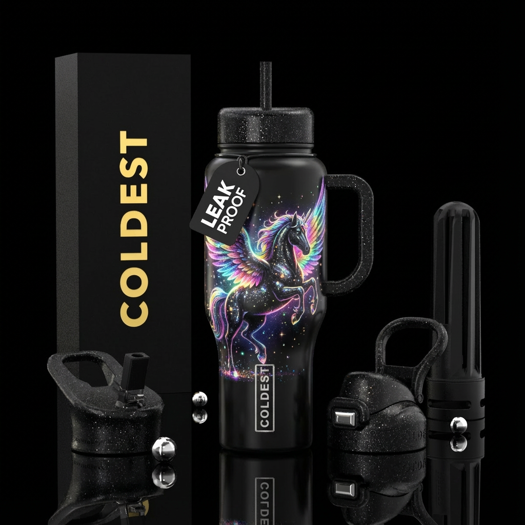Black Pegasus with rainbow wings, sparkly, shiny, ... water bottle design