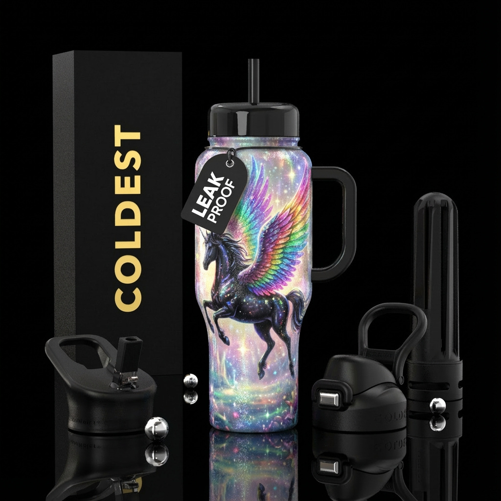 Black Pegasus with rainbow wings, sparkly, shiny, ... water bottle design