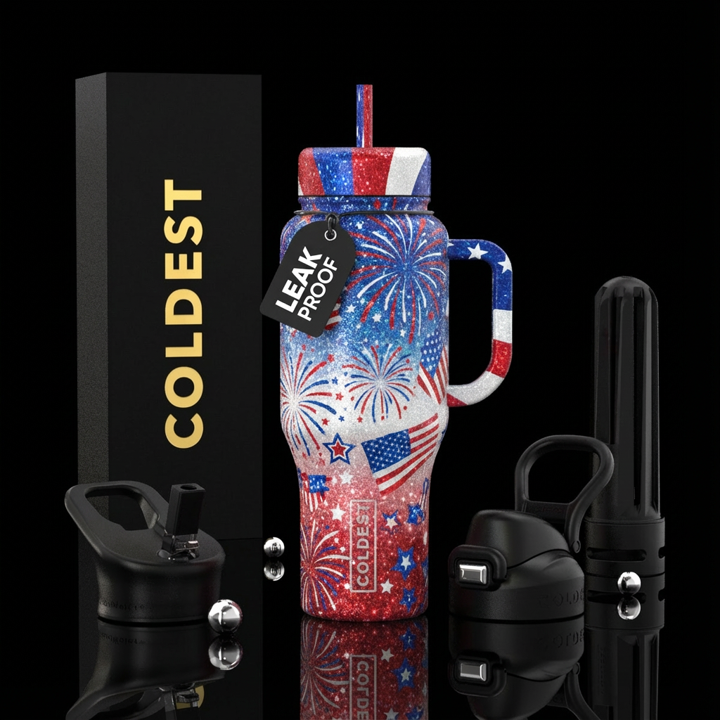 American 4th of July celebration, sparkly water bottle design