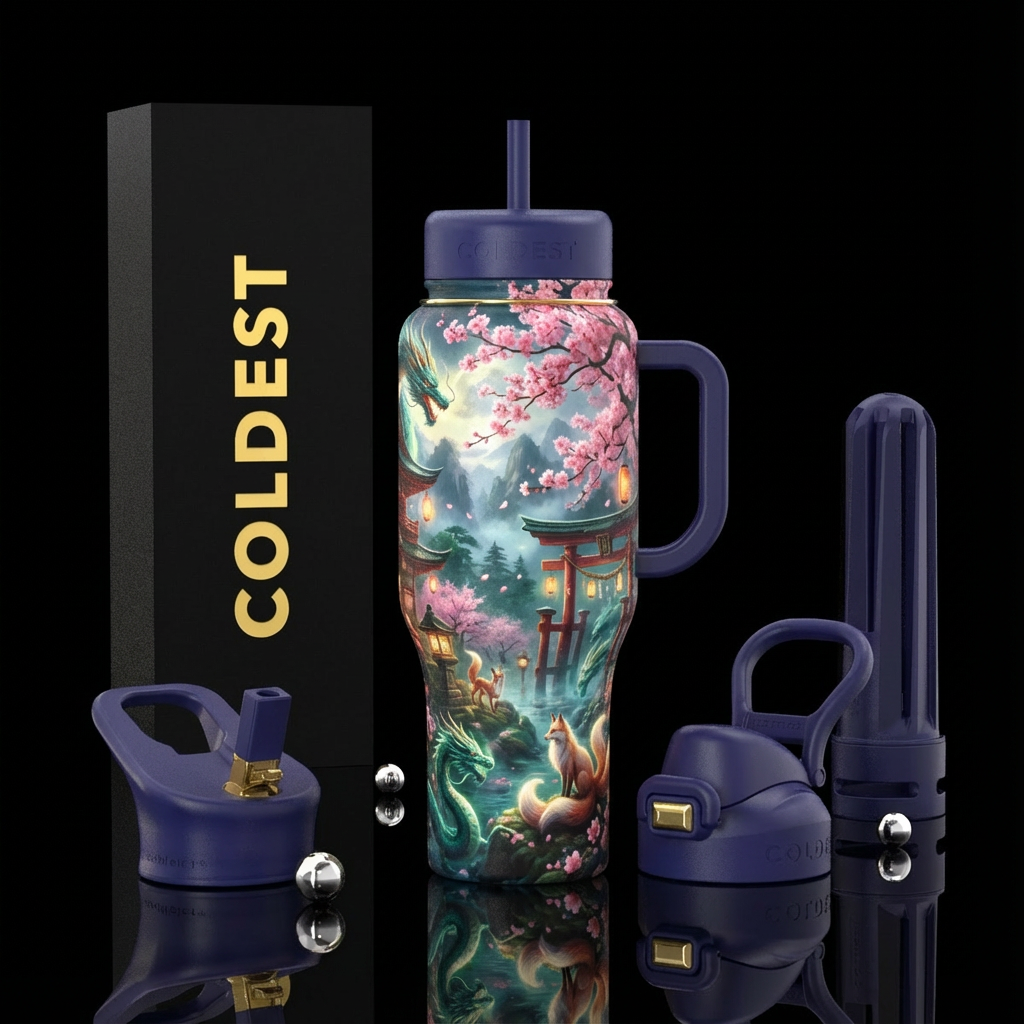 Japanese spring time,, magical, ancient, realism water bottle design