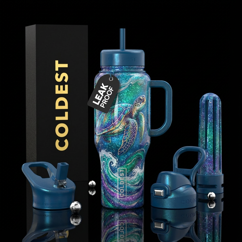 Sea turtle, waves, beautiul, vibrant, sparkly, shi... water bottle design