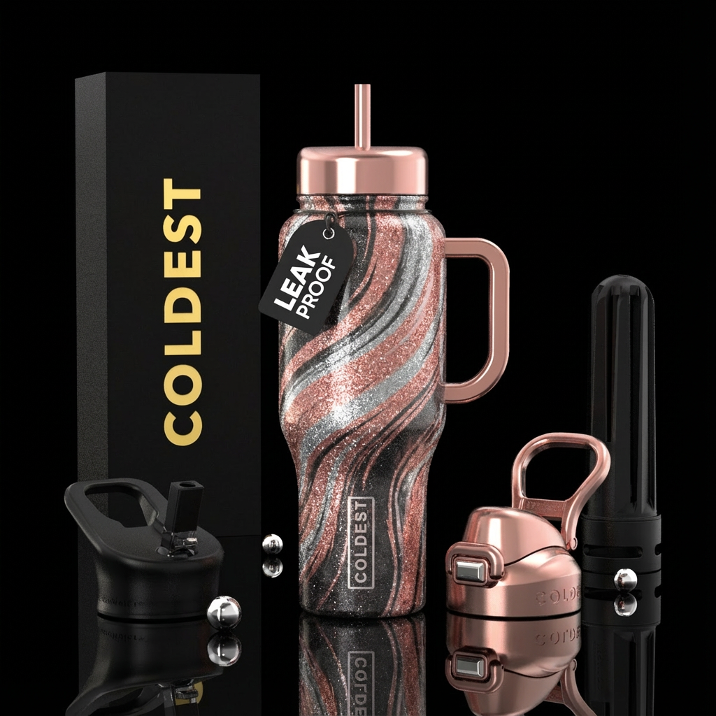 sparkly, shiny, swirls, rose gold, silver water bottle design