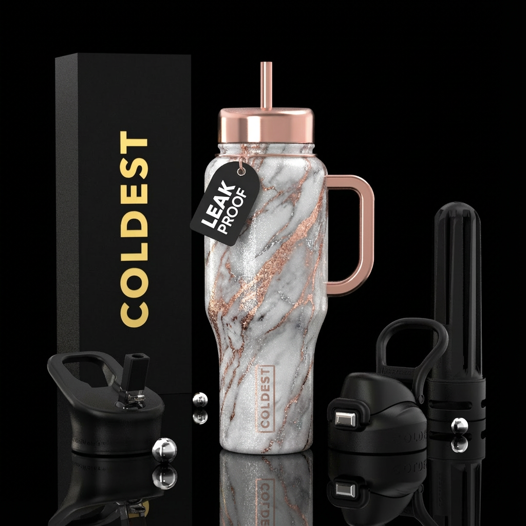 sparkly, shiny, rose gold, silver, marble water bottle design