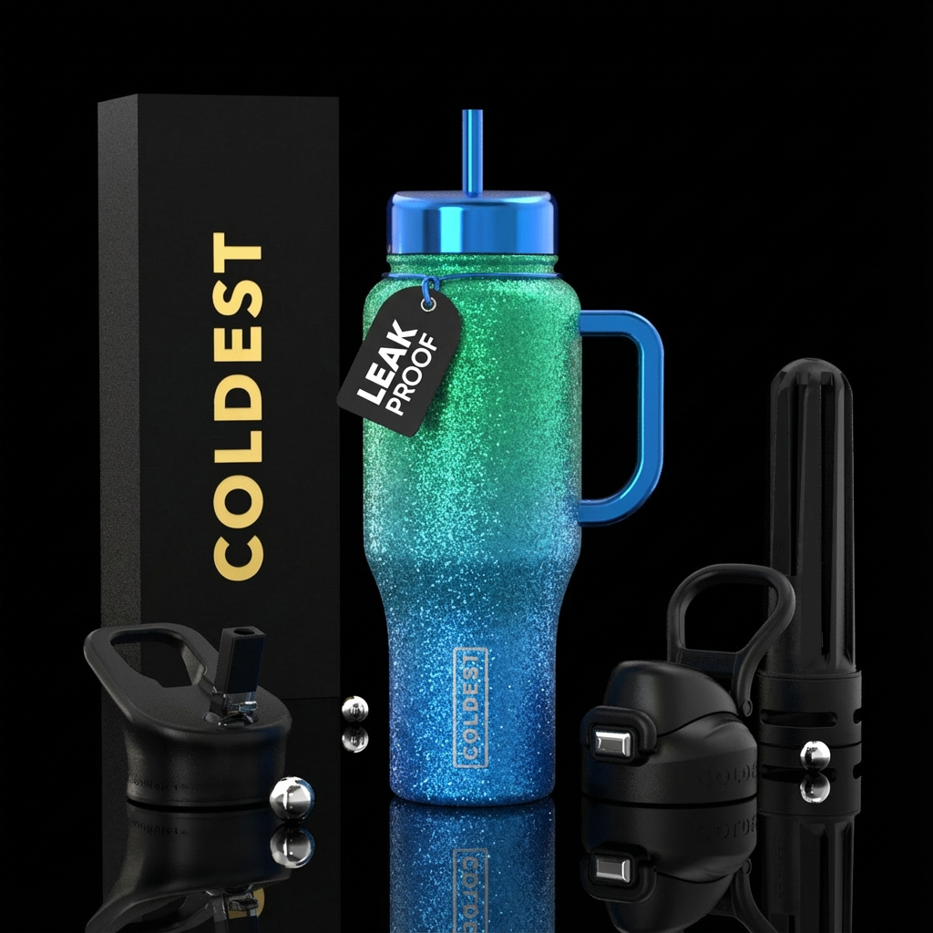 sparkly, shiny, beautiul, green fading to blue water bottle design