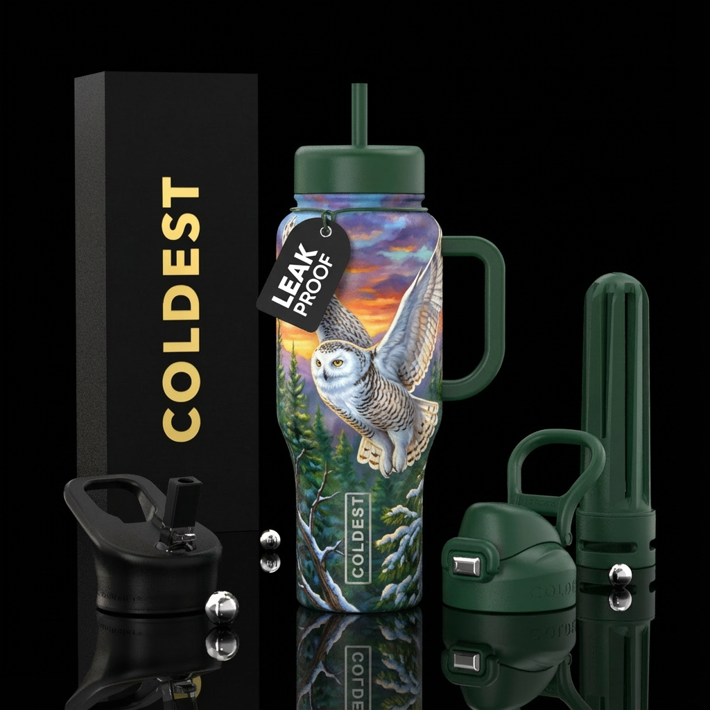 Snowie owl flying in nature, vibrant, realism water bottle design