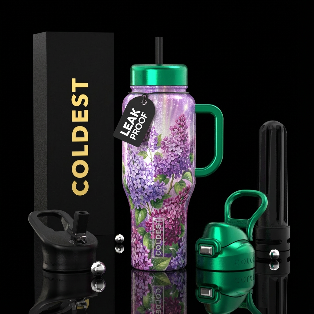 Lilac bushes, sparkly, shiny, beautiul, vibrant water bottle design