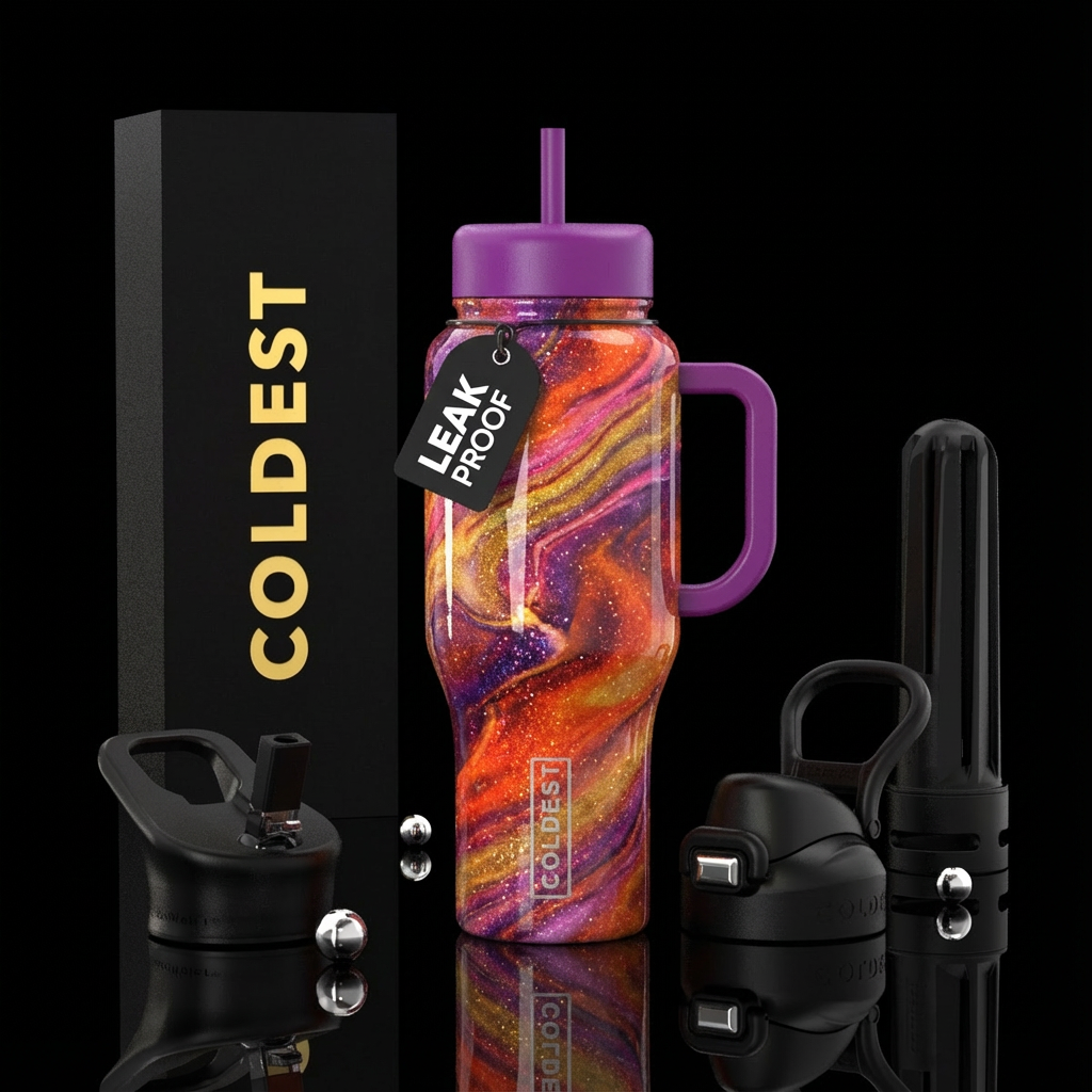 Sunset colors, marble, sparkly, shiny, vibrant water bottle design